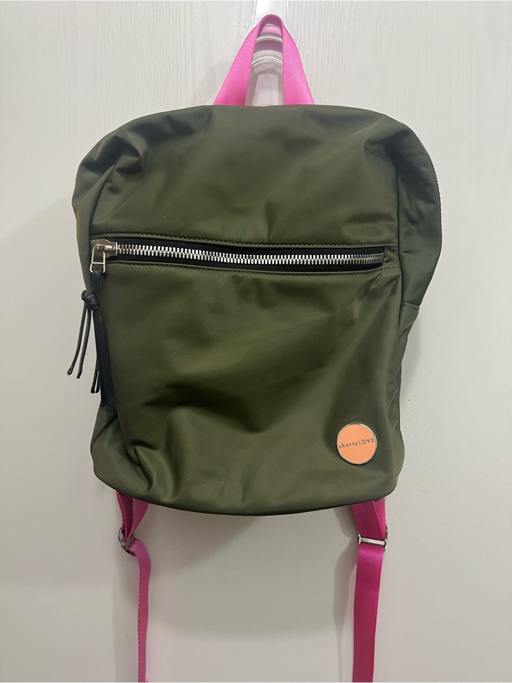 shortyLOVE Women’s Army Green Backpack  hot pink straps with Logo Badge NWOT!!